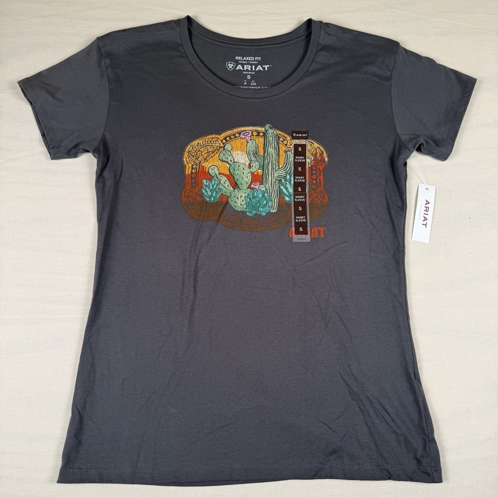 Ariat Women's S Buckle Up Graphic T-Shirt Graphite Cactus Relaxed Fit NWT
